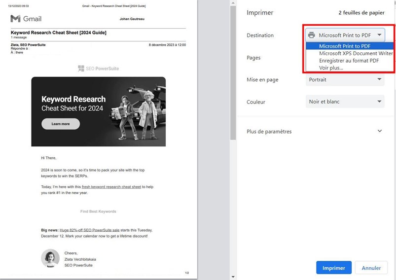 Sélection de Microsoft Print to PDF dans l'interface d'impression