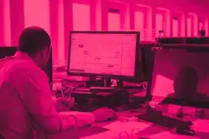 Dirigeant d'entreprise devant un ordinateur portable, en train de gérer les actifs logiciels de sa PME.